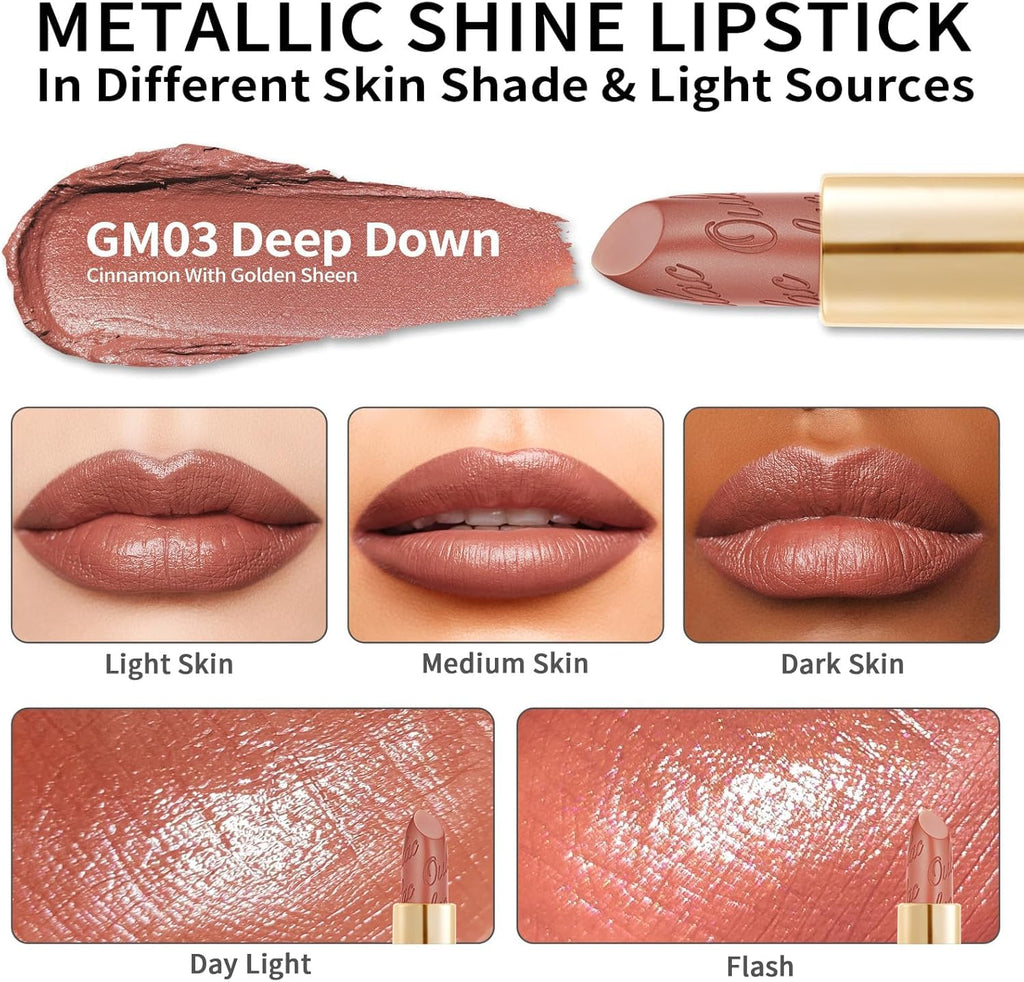 Oulac Matte Cinnamon Lipstick with Glow Metallic Finish - Vegan Lipstick for Women, Creamy Texture, Hydrating Clean Beauty Formula, High-End Magnetic Hook Design, GM03 Deep down
