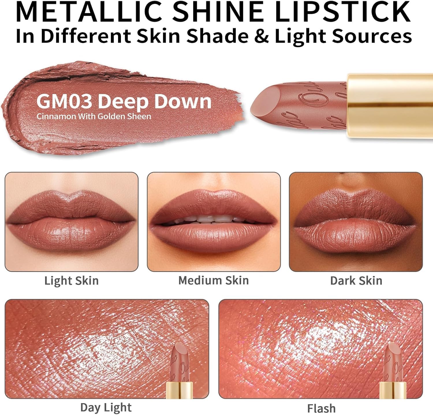 Oulac Matte Cinnamon Lipstick with Glow Metallic Finish - Vegan Lipstick for Women, Creamy Texture, Hydrating Clean Beauty Formula, High-End Magnetic Hook Design, GM03 Deep down