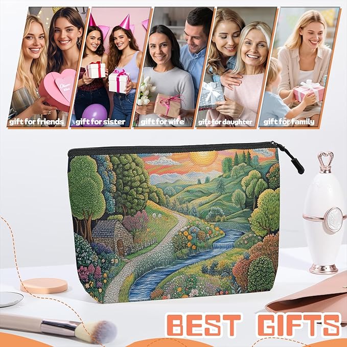 Scribesense Cosmetic Bags Travel Makeup Toilet Case Waterproof Pouch for Women Girls 6.7X9.45inches - Idyllic Country Landscape With Path And Sun