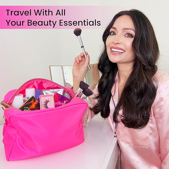 Large Pink Makeup Bag – Nylon Cosmetic Pouch, Travel Makeup Organizer Case, Spacious Makeup Bag for Toiletries, Beauty Essentials & Cosmetics