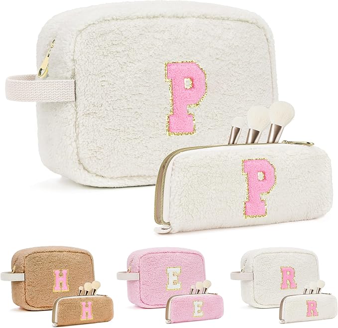 ibeacos for Valentines Day Gifts, Travel Makeup Bag for Women, Initial Make Up Bag Set for 6 7 8 9 10 11 12 13 Years Old Kids Tween Girls, Large Cosmetic Skincare Bags for Birthday Gifts, White P