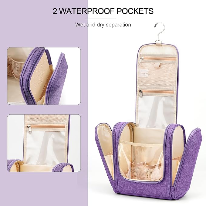 COOSKY Hanging Travel Toiletry Bag for Women and Men, 6 Organizer Compartments, Large Toiletries essentials, Bathroom Cosmetic Accessories, Water-resistant Makeup Bag, Holds Full-Size Shampoo, Purple