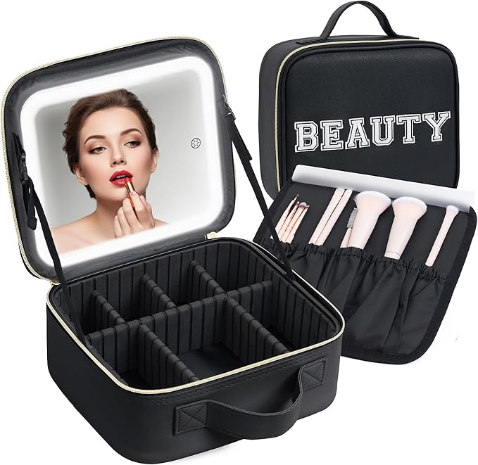 Aura In Bloom Makeup Bag with LED Mirror – Travel Cosmetic Organizer with Lighted Mirror, Adjustable Dividers & Brush Holder Storage – Portable PU Leather Makeup Case for Women & Girls - Black