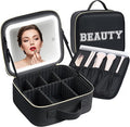 Aura In Bloom Makeup Bag with LED Mirror – Travel Cosmetic Organizer with Lighted Mirror, Adjustable Dividers & Brush Holder Storage – Portable PU Leather Makeup Case for Women & Girls - Black