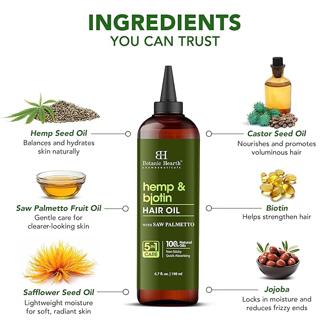 Botanic Hearth 100% Pure Hemp & Biotin Oil For Hair Growth - 6.7 Fl oz