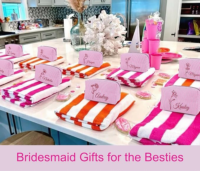 DayOfShe Personalized Makeup Bag Embroidered with Name&Birth Flower, Personalized Birthday Bridesmaids Gifts for Women Teen Girls,Custom Seersucker Cosmetic Toiletry Travel Make Up Bags