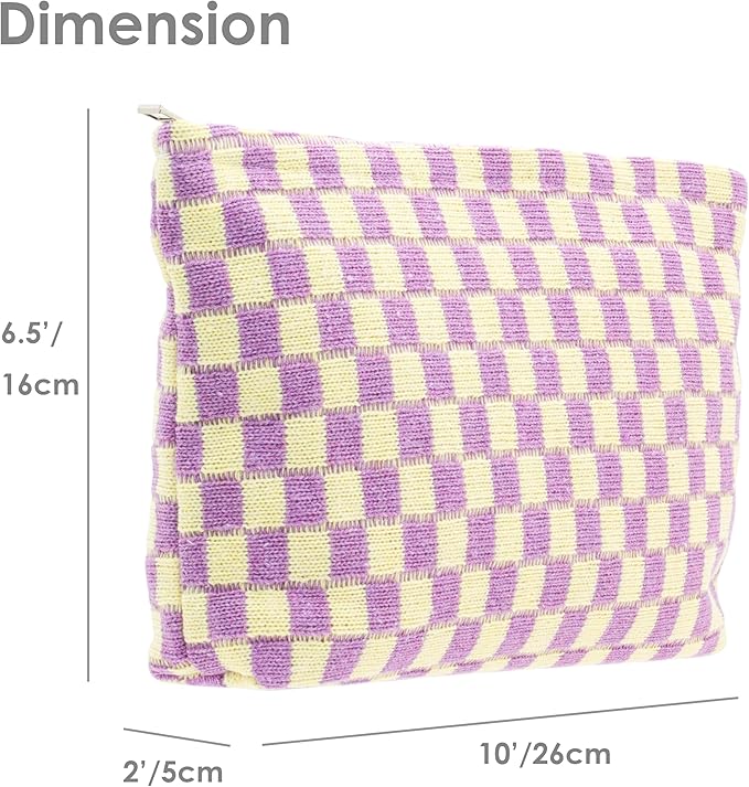 PAZIMIIK Checkered Makeup Bag for Purse, Small Flat Cosmetic Pouch,Purple