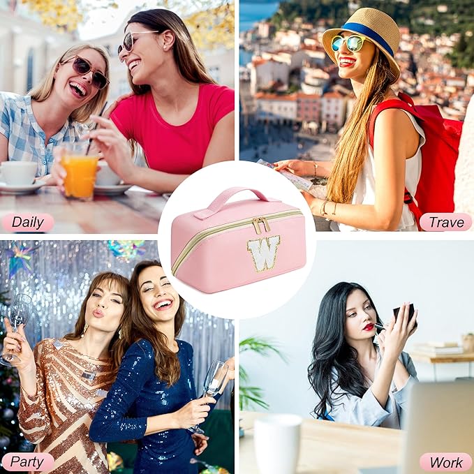 for Christmas Day Gifts, Makeup Bag for Women, PU Leather Travel Toiletry Bags, Initial Make Up Cosmetic Pouch for Teen Girls, Wide Open Portable Skincare Bag, Personalized Birthday Gifts, Pink T