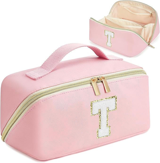 for Christmas Day Gifts, Makeup Bag for Women, PU Leather Travel Toiletry Bags, Initial Make Up Cosmetic Pouch for Teen Girls, Wide Open Portable Skincare Bag, Personalized Birthday Gifts, Pink T