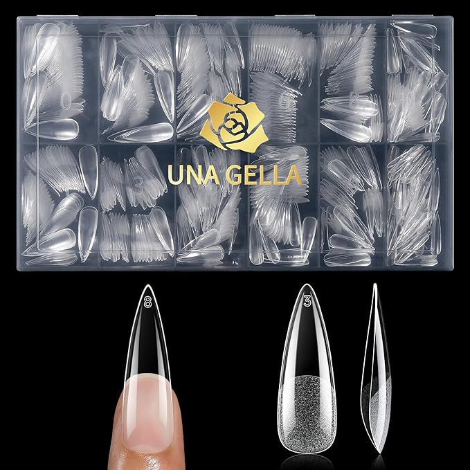 UNA GELLA Long Stiletto Gel Nail Tips 600Pcs Pre Etched Long Stiletto Almond Nail Tips Clear Fake Nails Press on Nails No C Curve for DIY Art Salon at Home 12 Sizes