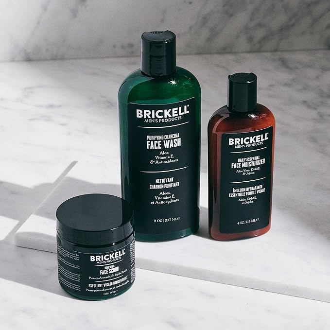 Brickell Men's Daily Advanced Face Care Routine II, Activated Charcoal Facial Cleanser, Face Scrub, Facial Moisturizer Lotion, With Activated Charcoal, Hyaluronic Acid, and Aloe, Scented