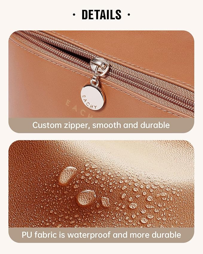 EACHY Travel Makeup Bag, Large Capacity Cosmetic Bags for Women, Waterproof Portable Open Flat Toiletry Bag Make up Bag with Divider and Handle, Gifts for Women (Brown, Large)