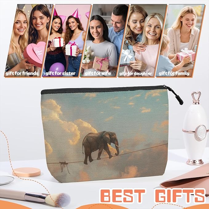 Scribesense Cosmetic Bags Travel Makeup Toilet Case Waterproof Pouch for Women Girls 6.7X9.45inches - Elephant'S Aerial Adventure on A Thin Rope