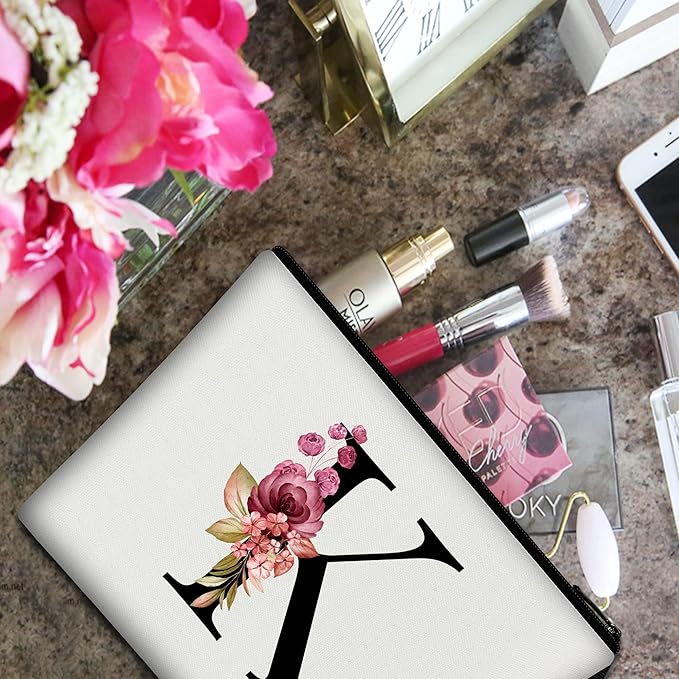 Vavabox A-Z Personalized Makeup Bag, Birthday Gifts for Women Mom, Gifts for Best Friend, Bride Bridesmaid Cosmetic bag (K, 01-White)