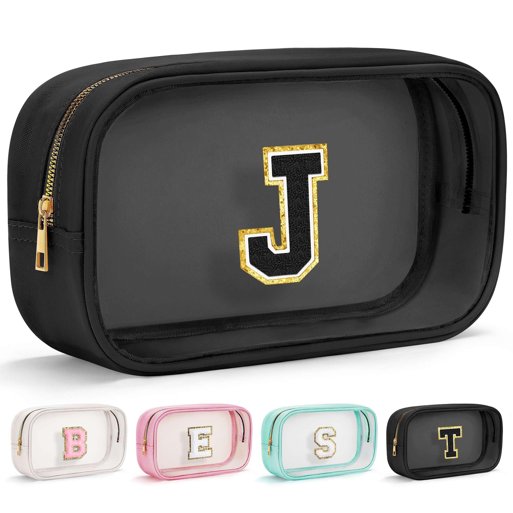 YOOLIFE Initial Travel Essentials Makeup Bag, Skin Care Clear Toiletry Bag Pouch Cosmetic Bag Case Large Makeup Bag Personalized Birthday Gifts for Women Birthday Gifts for Her Wife Black J