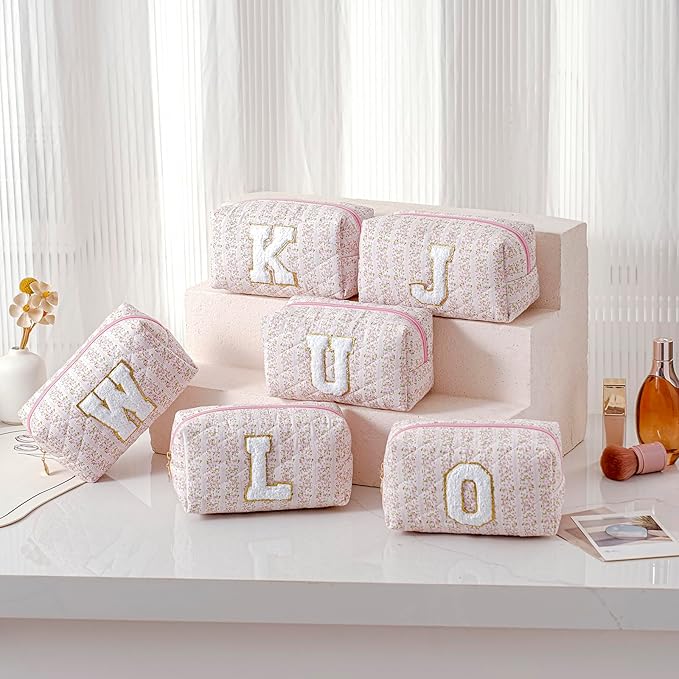 JOVAKIT Makeup Bag Cosmetic Bags for Women, Christmas Gifts for Girls Age 6-18, Alphabet Pink Floral Coquette Zipper Travel Makeup Pouch, Organizer Case Trendy Stuff (Pink Floral D)