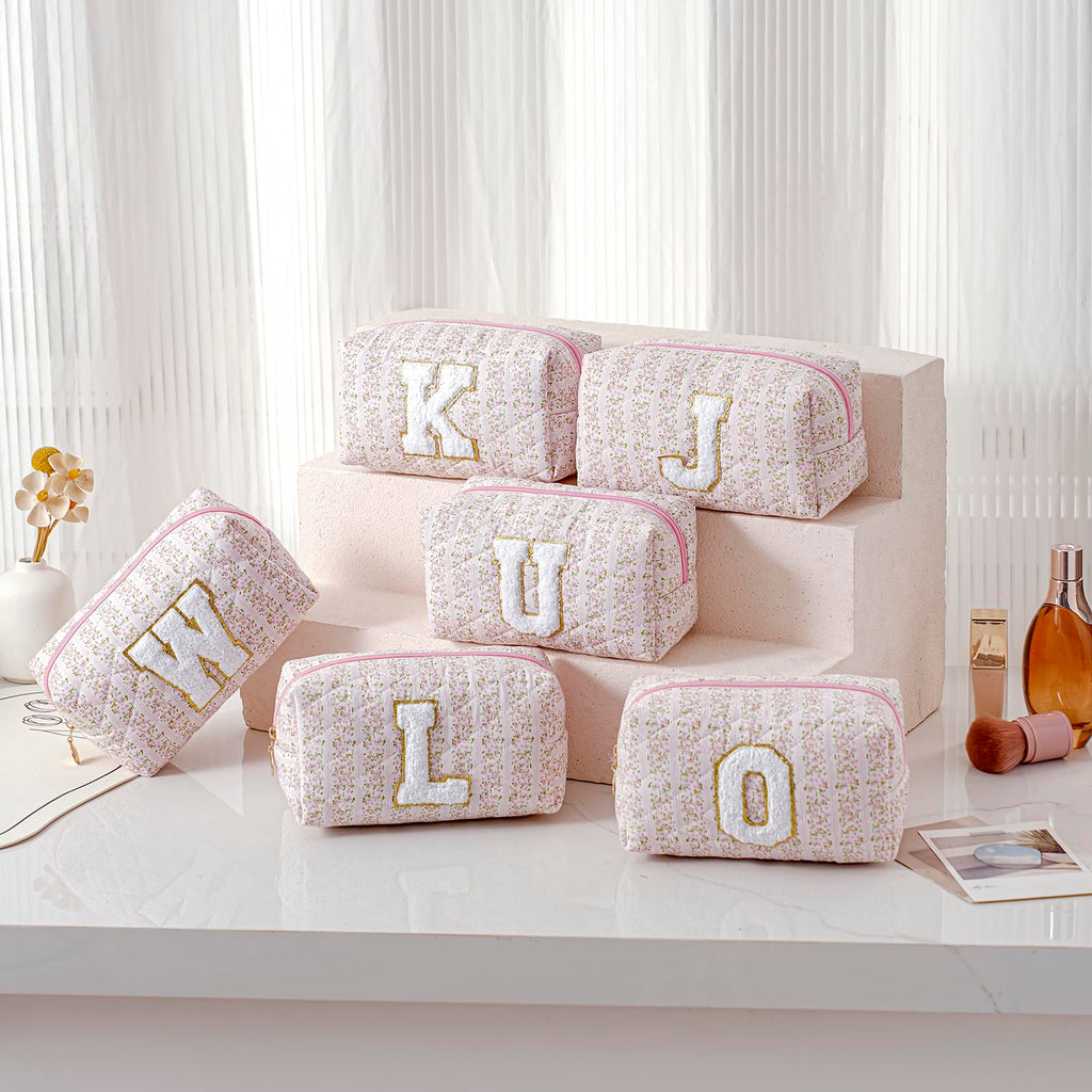 JOVAKIT Alphabet Makeup Bag Cosmetic Bag for Women, Christmas Gifts for Girls Age 6-18, Floral Flowers Coquette Travel Toiletry Zipper Make Up Pouch Organizer Trendy Stuff (Pink Floral G)
