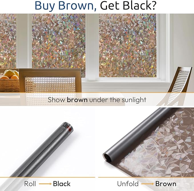 rabbitgoo Rainbow Window Privacy Film, Stained Cling, Brown, 35.4" x 157.4"