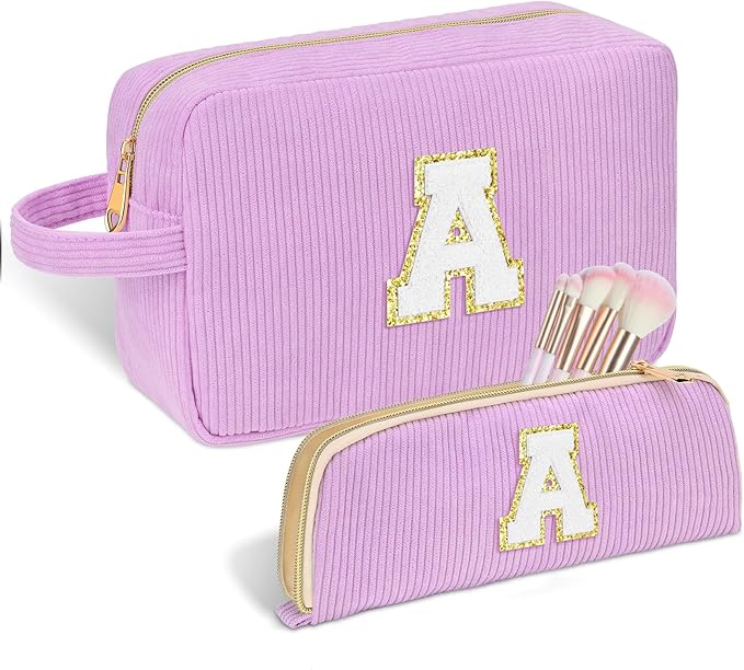 Sernaxi Personalized Initial Makeup Bag Trendy Stuff Corduroy Cosmetic Bag Travel Toiletry Bag, Valentine’s Day Gift Makeup Organizer Case & Makeup Pouch for Women teen Girls Mom Girlfriend Wife