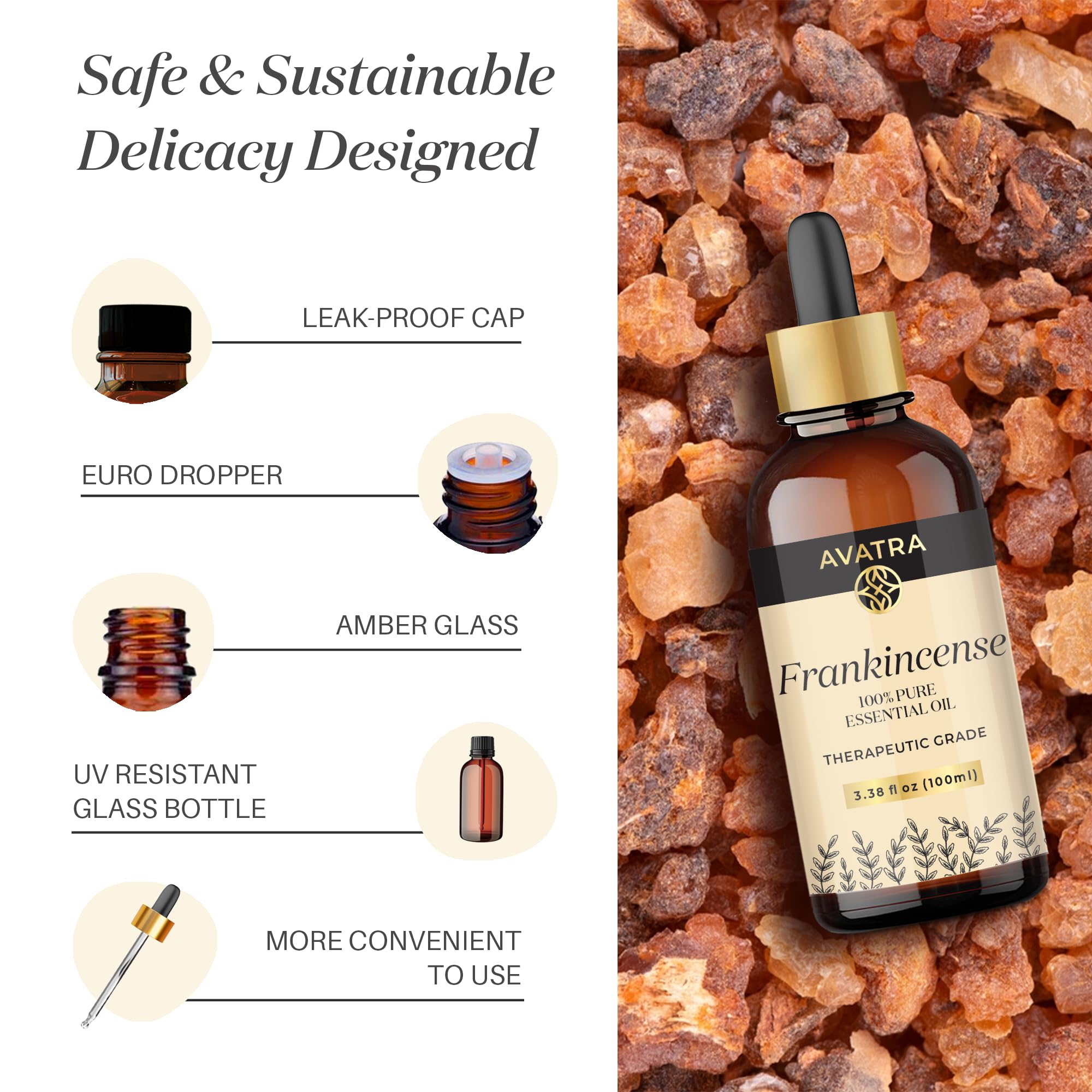 Avatra Frankincense Essential Oil 100ML (3.38 OZ) with Glass Dropper and Travel Bottle, Pure and Natural Therapeutic Grade Frankincense Oil for Diffuser, Aromatherapy, Massage, and DIY Candle Products