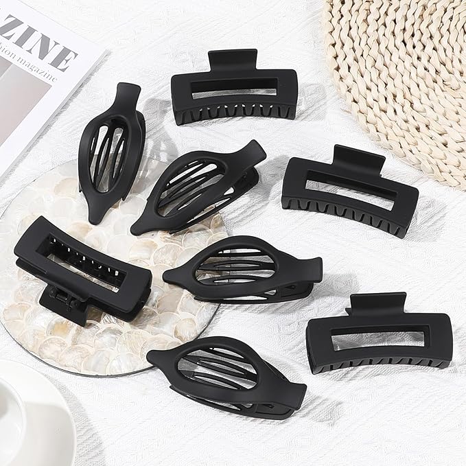 CHANDAT Hair Clips for Women 4.3 Inch Large Hair Claw Clips 8 pcs Square Claw Clips & Flat Hair Clips for Thick or Thin Hair French Concord Hair Barrettes Alligator Hair Accessories for Women (Black)