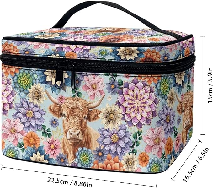 Drydeepin Boho Mandala Highland Cattle Pattern Travel Makeup Bags for Women Portable Tote Cosmetic Case with Carry Handle Toiletry Accessories Storage Organizer Bags