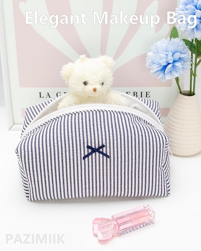 Cozy Makeup Bag for Women,Zipper Cosmetic Pouch,Stripe Navy Blue,6 Pack