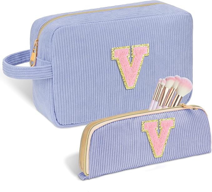 Sernaxi Personalized Initial Makeup Bag Trendy Stuff Corduroy Cosmetic Bag Travel Toiletry Bag, Valentine’s Day Gift Makeup Organizer Case & Makeup Pouch for Women Teen Girls Mom Girlfriend Wife
