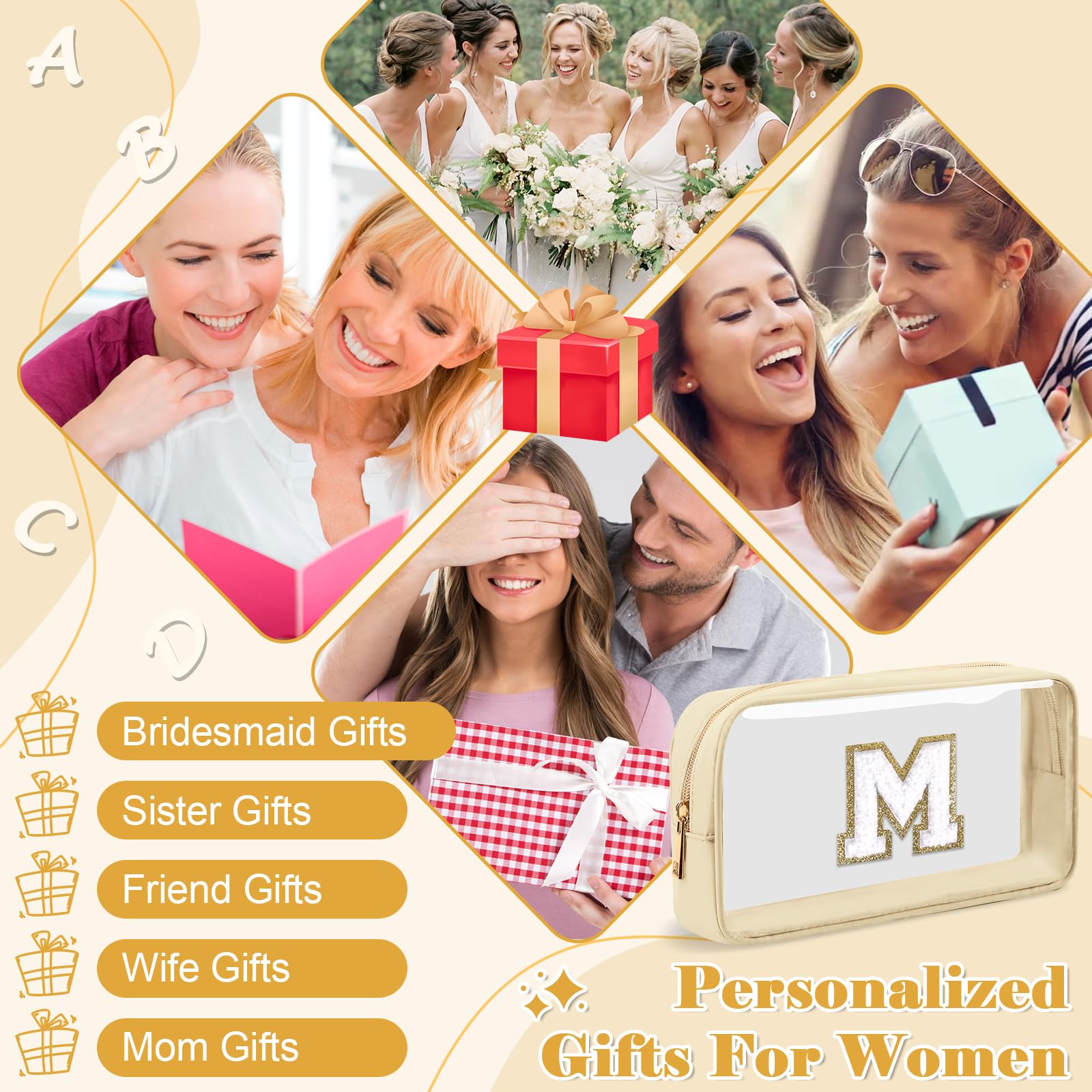 Personalized Initial Letter Clear Makeup Bag,Preppy Small Nylon&PVC Cosmetic Zipper Bag with Chenille Letter,Portable Beach Travel Skincare Toiletry Bag,Trendy Monogram Gift for Teen Girls Women,M