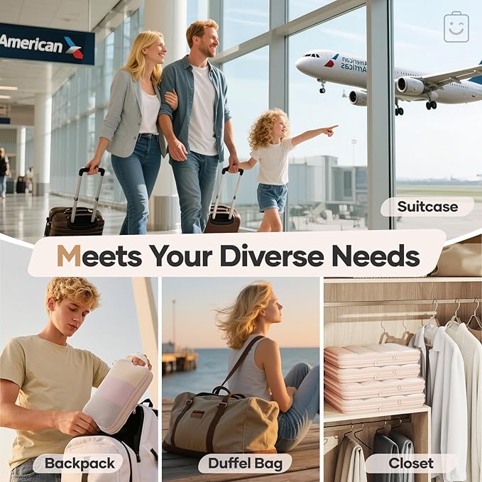 Veken 11 Set Compression Packing Cubes Garment Bags for Travel Essentials,Compressible Expandable Luggage Organizer Bags for Clothing,Space Saver Bags with Over 1000 pcs of Mesh Holes(Beige)