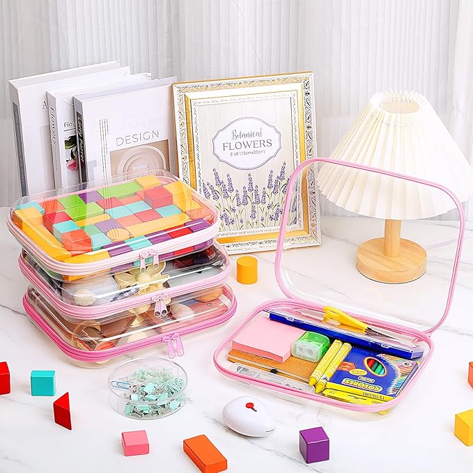 Hoolerry 4 Pcs Hard Clear Zipper Case Makeup Bags Plastic Zipper Pouch Transparent Storage Box Containers for Cosmetics, Snacks, Building Blocks, Puzzles(Clear,9.8 x 7.9 x 2 in,Pink)