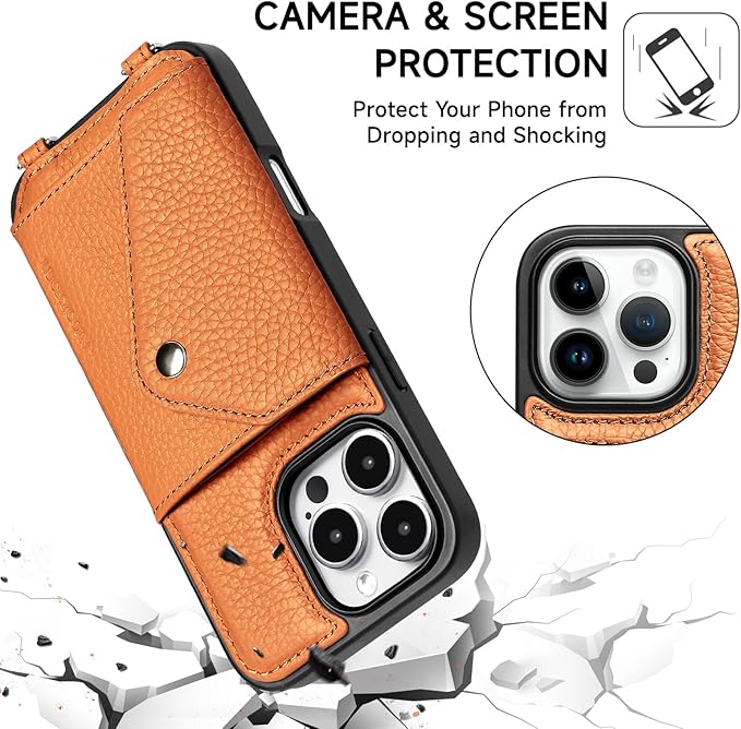 LUCKYCOIN Crossbody Phone Case for iPhone 16 Pro Max,100% Genuine Leather Phone Wallet Case for Women, Premium Hands-Free Phone Purse with Expandable Flip Card Holder & Adjustable Strap - Pebble Brown