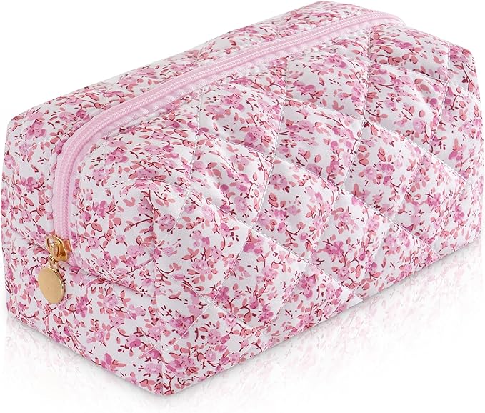 UUYUUY Makeup Bag Travel Toiletry Bag for Women, Small Cosmetic Bags Cute Quilted Cotton Makeup Pouch for Purse Emergency Bag Pencil Case Accessory Bag, Baby Pink