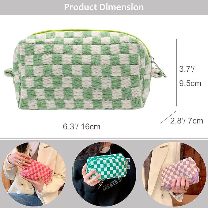 Checkered Makeup Bag for Purse, Small Cosmetic Pouch,Light Green,6 Pack