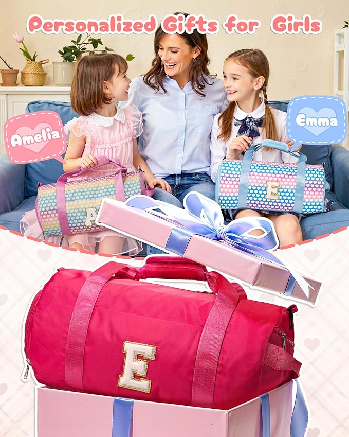 4 Year Old Girl Birthday Gift, Girls Travel Duffel Bag, Kids Initial Overnight Bags with Shoe Compartment, Customized Sport Gym Weekender Bag with Makeup Pouch, Gifts for Teens (Letter E)