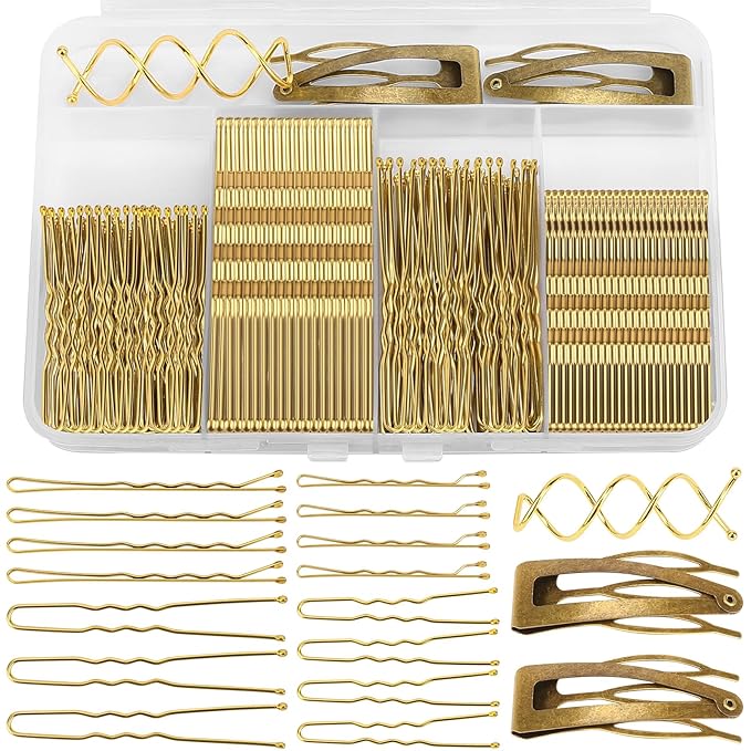 FLAREANN Gold Bobby Pins Set with U Shape Pins, Spiral Pin & Snap Clips
