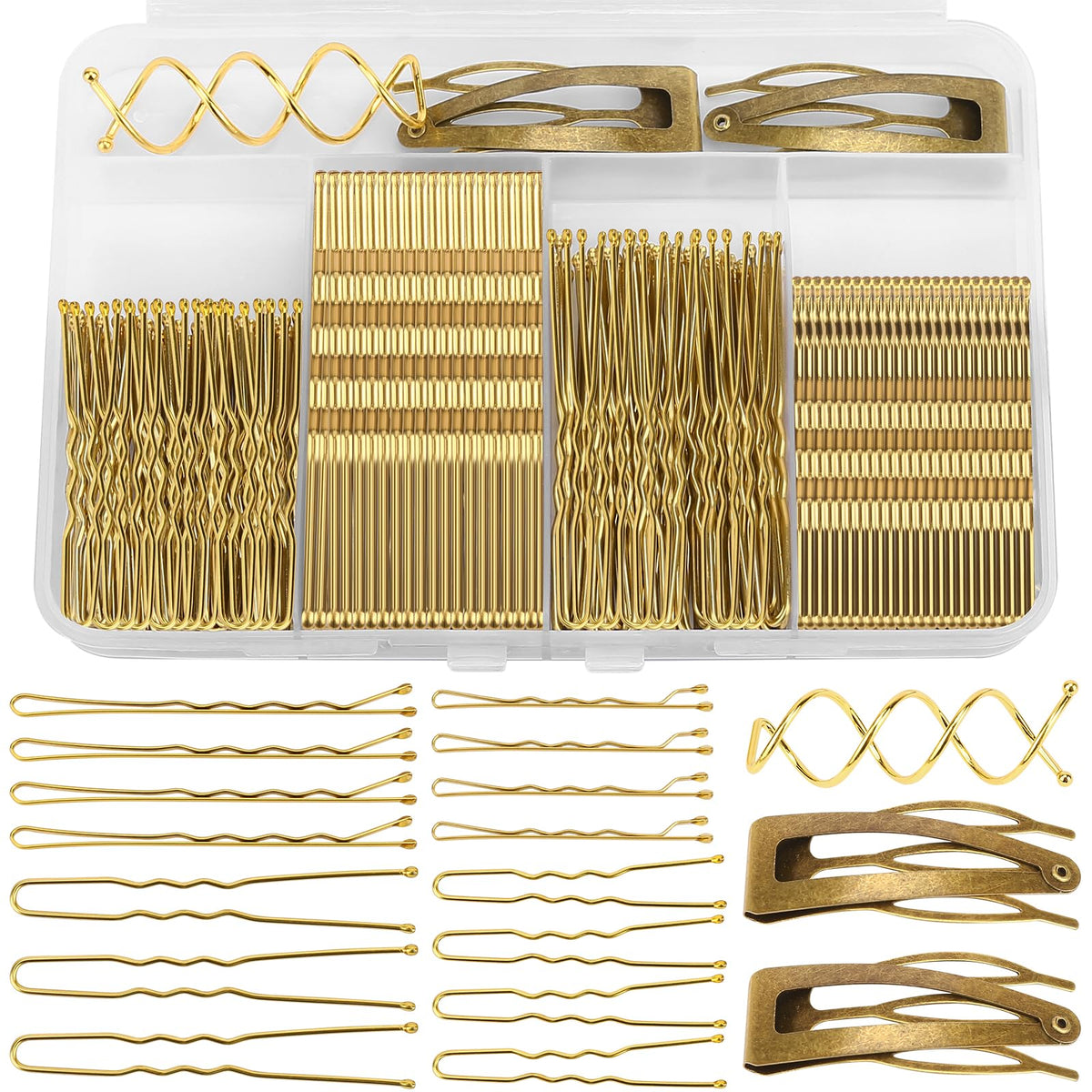 FLAREANN Gold Bobby Pins Set with U Shape Pins, Spiral Pin & Snap Clips