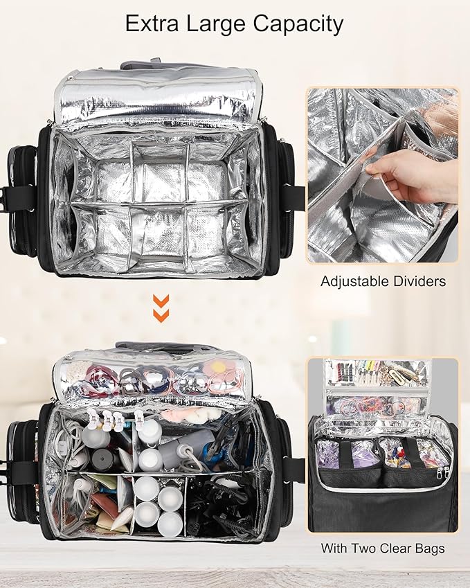 Relavel Rolling Makeup Train Case with 4 Pcs Clear Makeup Bags, Hairstylist Traveling Bag with 4 Wheels, Heat Insulation Full Layer, Adjustable Dividers, Hair Tools and Cosmetics Storage Organizer