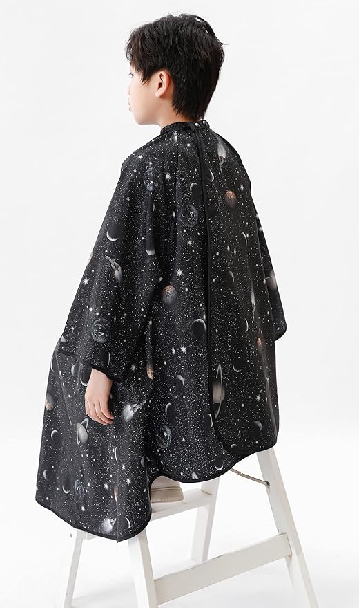 PERFEHAIR Kids Hair Cutting Cape with Sleeves, Kids Barber Cape Haircut Cape for Boy & Girls, Professional Salon or Home Hair Cut Cape-Black Space Printing