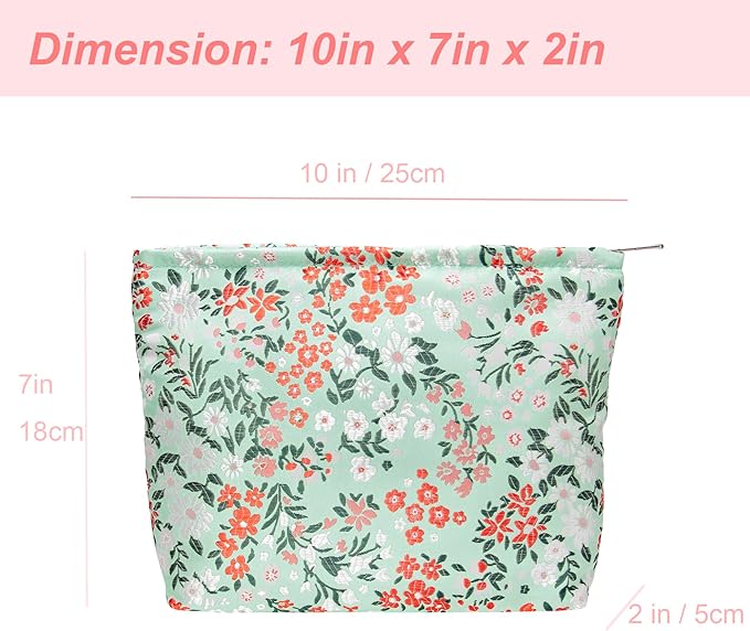 Flat Makeup Bag for Women,Zipper Cosmetic Pouch for Purse,Brocade Green