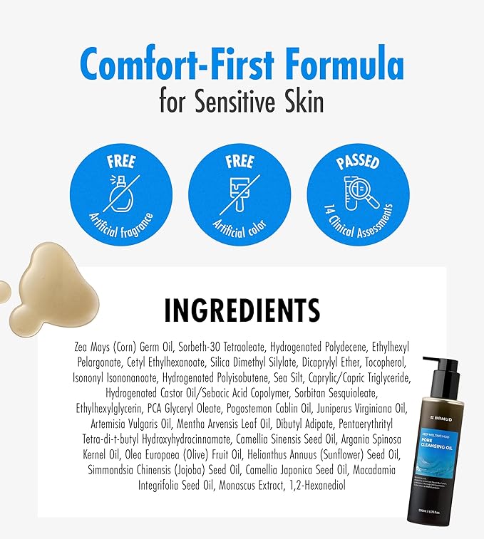BRMUD Deep Melting Mud Pore Cleansing Oil, Gentle Vegan Facial Oil Cleanser