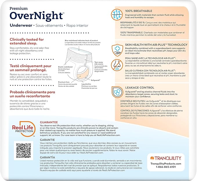 Tranquility Overnight Absorbent Underwear, M, Maximum, 48 in, 18 ct