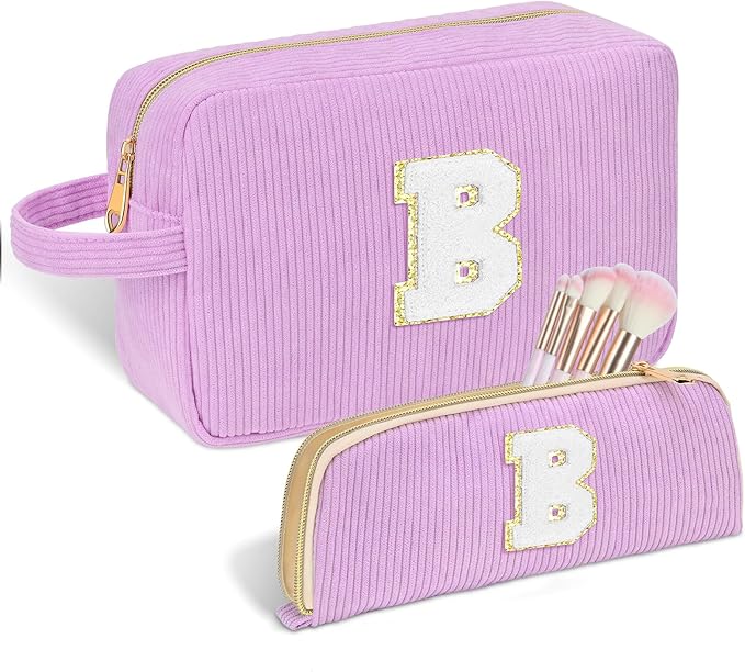 Sernaxi Personalized Initial Makeup Bag Trendy Stuff Corduroy Cosmetic Bag Travel Toiletry Bag, Valentine’s Day Gift Makeup Organizer Case & Makeup Pouch for Women teen Girls Mom Girlfriend Wife