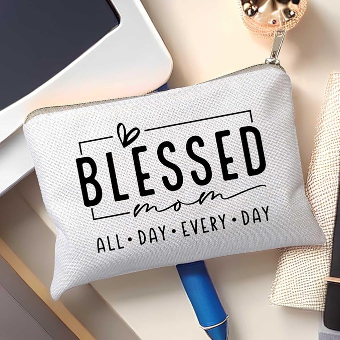 HubbgDesign Blessed Makeup Bag for Mom, Inspirational Bible Verse Cosmetic Pouch, Mom Life Travel Toiletry Bag, Mother’s Day Birthday Gift Idea for Women, Mama Vibes Makeup Case