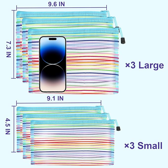 CarryEpic Mesh Bags with Zipper (6 Pack), Nylon Makeup Bag Cosmetic Pouches Travel Organizer Case for Purse Diaper Bag Home Organizing Striped Multi Size Blue