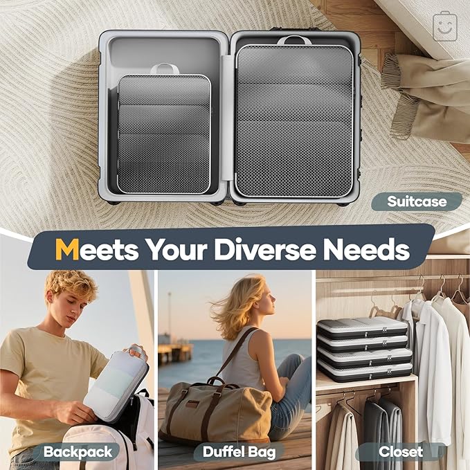 Veken 6/9/11 Set Compression Packing Cubes Garment Bags for Travel Essentials,Compressible Expandable Luggage Organizer Bags for Clothing,Space Saver Bags with Over 1000 pcs of Mesh Holes(Black)