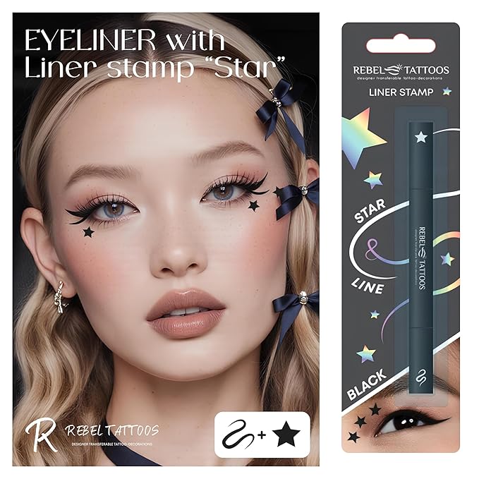 Rebel Tattoos 2-in-1 Eyeliner Stamp, Pigmented Intense Black Formula, Smudge-Budge Proof, Sweatproof, 24 Hour Stay Eyeliner Stamp Star Butterfly or Heart (Black Star)