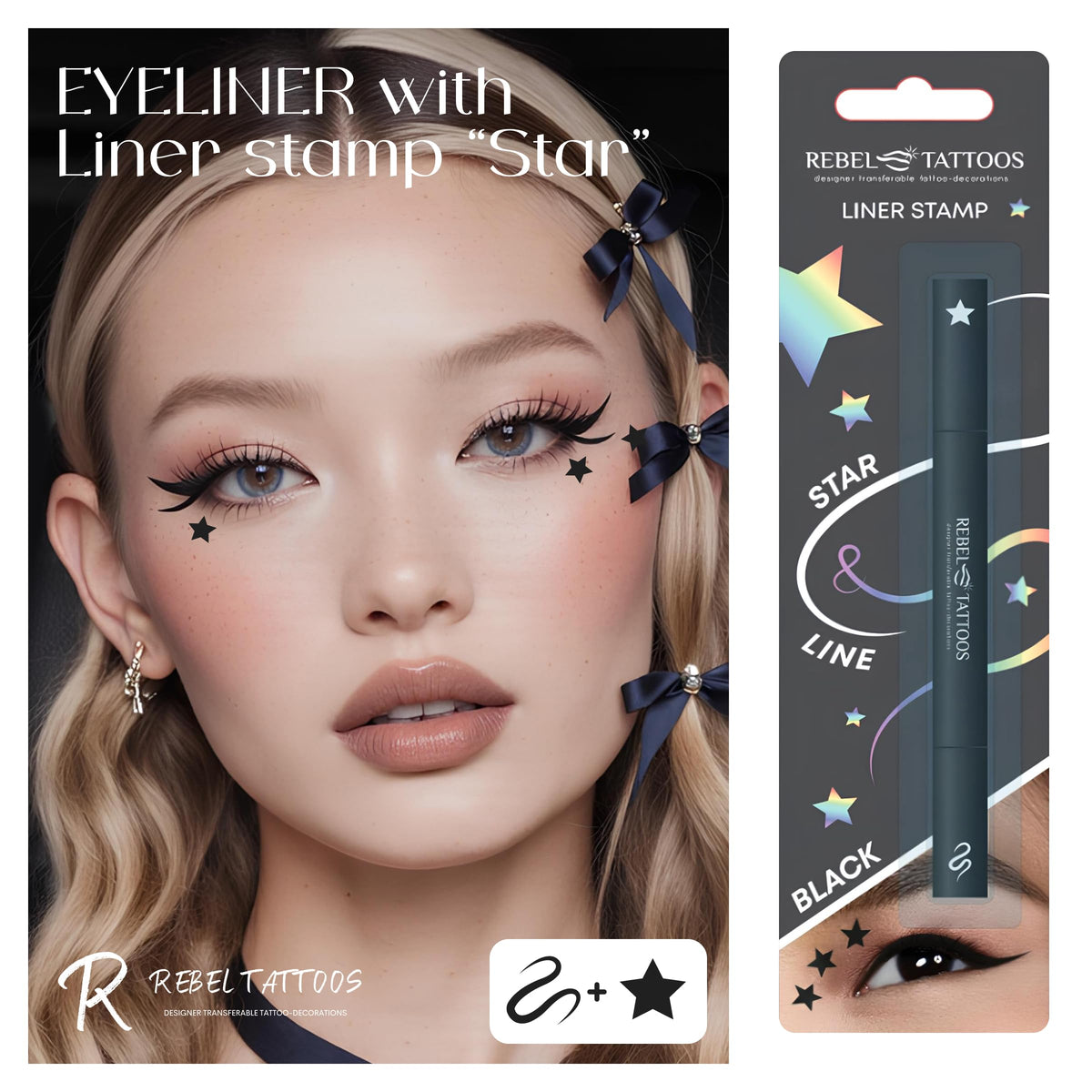 Rebel Tattoos 2-in-1 Eyeliner Stamp, Pigmented Intense Black Formula, Smudge-Budge Proof, Sweatproof, 24 Hour Stay Eyeliner Stamp Star Butterfly or Heart (Black Star)