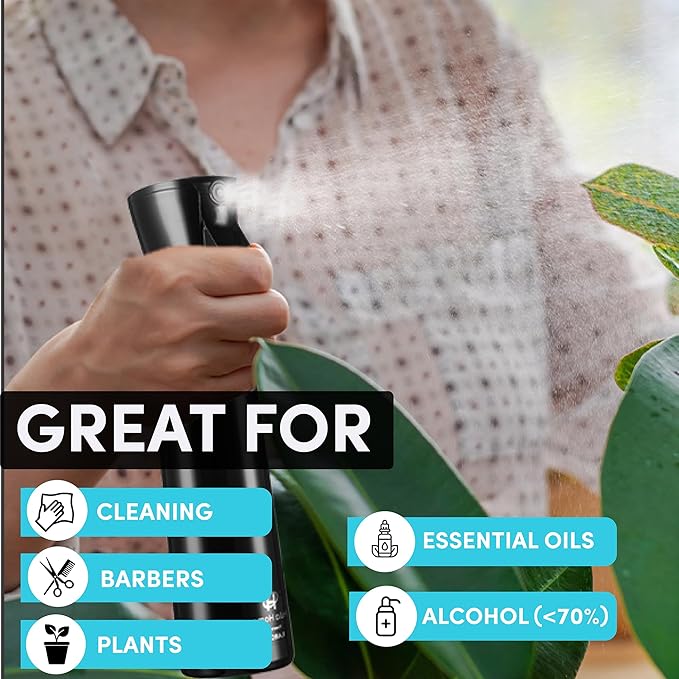 Hula Home Spray Bottle for Hair (10.1oz/300ml) - Continuous Ultra Fine Mist Sprayer – For Hairstyling, Cleaning, Salons, Plants, Essential Oil & More - Black