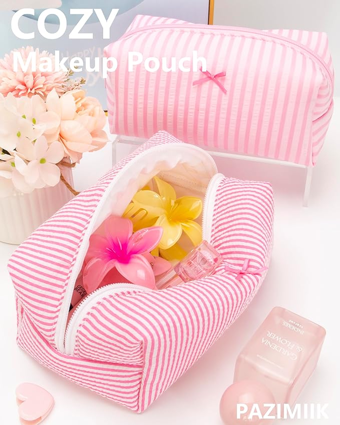 Cozy Makeup Bag for Women,Zipper Cosmetic Pouch,Stripe Candy Pink,6 Pack